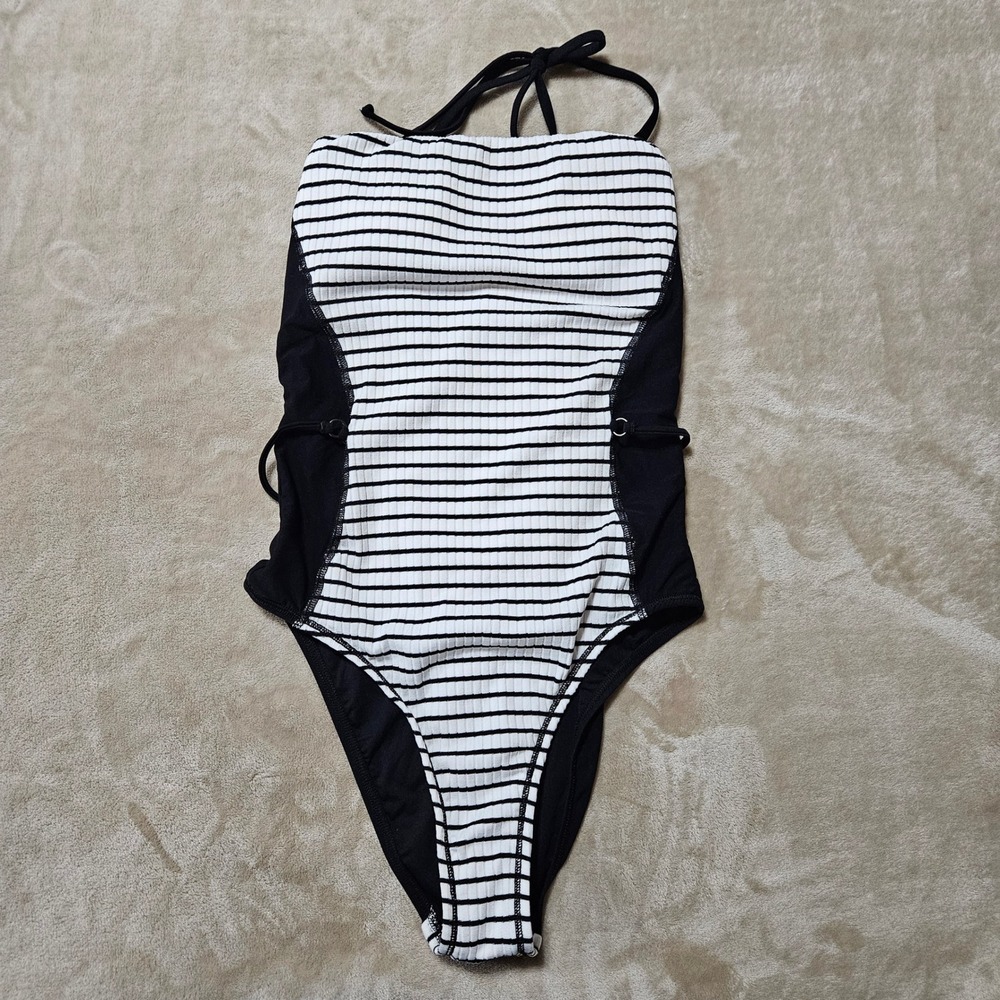 Robin Piccone Womens Black White Striped Lace‎ Up Bandeau One Piece Swimsuit 8